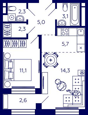 45,1 м², 1-комн. квартира, 15/31 этаж