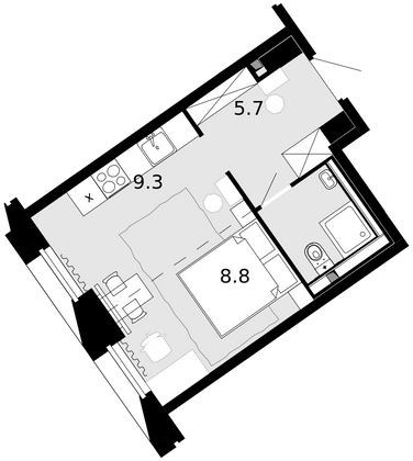 26,9 м², 1-комн. квартира, 19/21 этаж