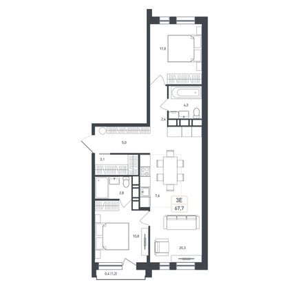 67,7 м², 3-комн. квартира, 8/8 этаж