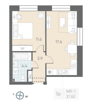 Продажа 1-комнатной квартиры 37,5 м², 5/10 этаж