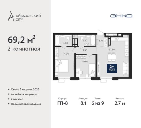 69,2 м², 2-комн. квартира, 6/20 этаж