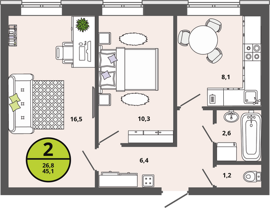 Продажа 2-комнатной квартиры 45,1 м², 1/3 этаж