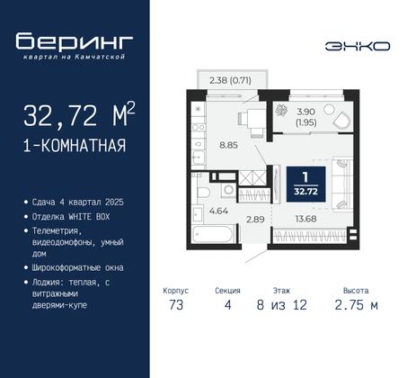 32,7 м², 1-комн. квартира, 8/12 этаж