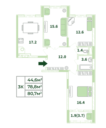 80,7 м², 3-комн. квартира, 5/18 этаж