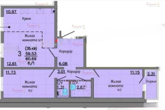 Продажа 2-комнатной квартиры 59 м², 5/5 этаж