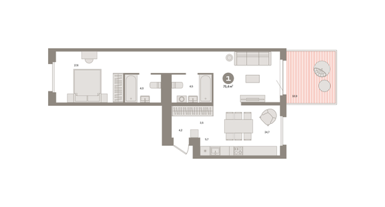 Продажа 1-комнатной квартиры 75,4 м², 2/7 этаж