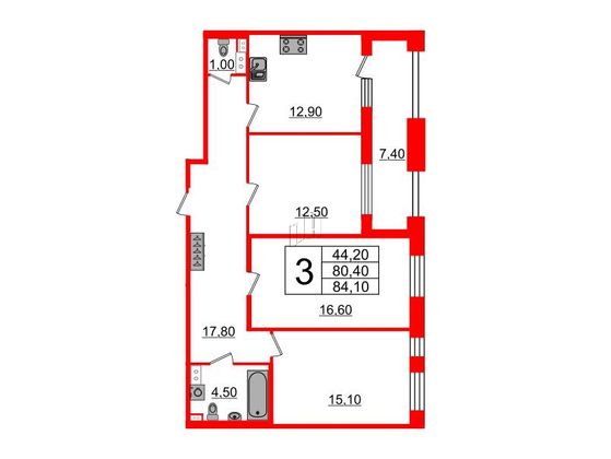 Продажа 3-комнатной квартиры 80,9 м², 7/10 этаж