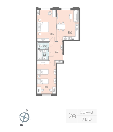 Продажа 2-комнатной квартиры 71,1 м², 2/23 этаж