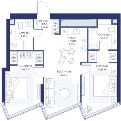 Продажа 2-комнатной квартиры 64,8 м², 17/49 этаж