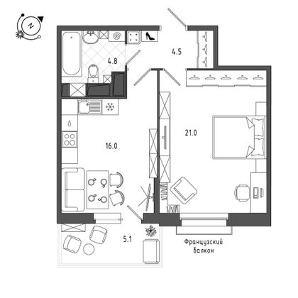 48,2 м², 1-комн. квартира, 4/12 этаж