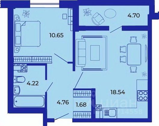 Продажа 1-комнатной квартиры 44,6 м², 9/15 этаж