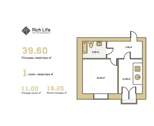 Продажа 1-комнатной квартиры 39,6 м², 3/4 этаж