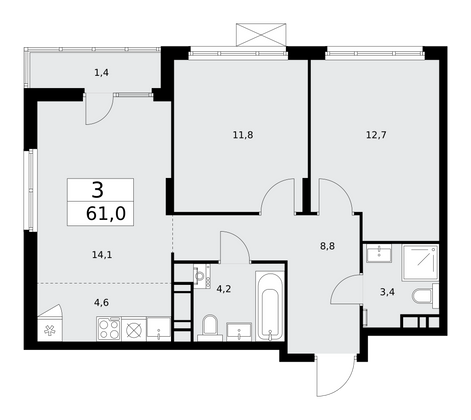 61 м², 3-комн. квартира, 16/16 этаж