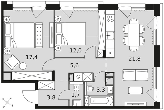 65,6 м², 3-комн. квартира, 14/16 этаж