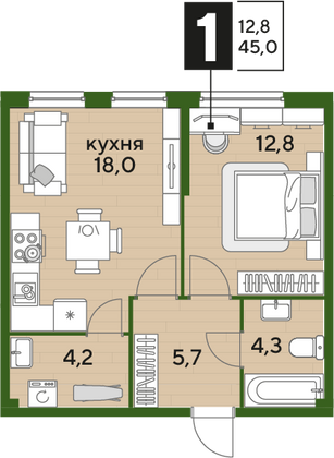 Продажа 1-комнатной квартиры 45 м², 2/19 этаж
