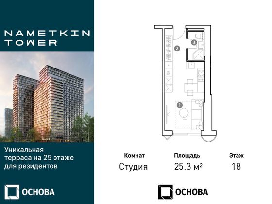 25,3 м², 1-комн. квартира, 18/29 этаж