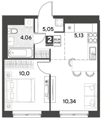 Продажа 2-комнатной квартиры 34,6 м², 16/21 этаж