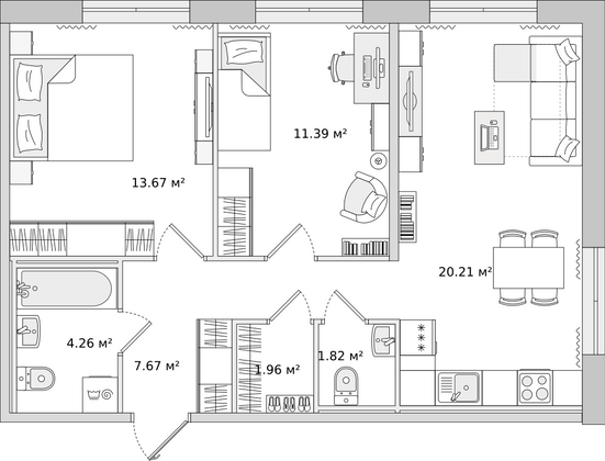 60,4 м², 2-комн. квартира, 2/15 этаж