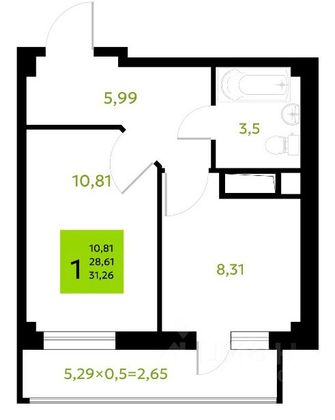 Продажа 1-комнатной квартиры 31,3 м², 6/8 этаж