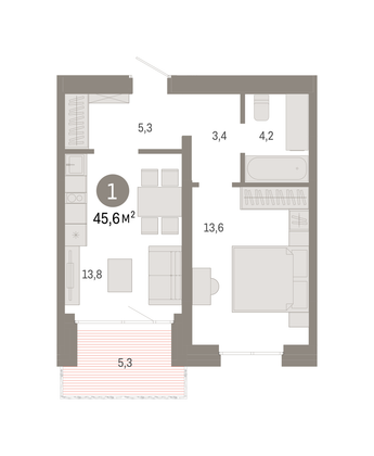 Продажа 1-комнатной квартиры 45,6 м², 4/7 этаж