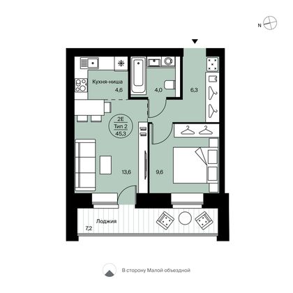 45,3 м², 2-комн. квартира, 2/14 этаж