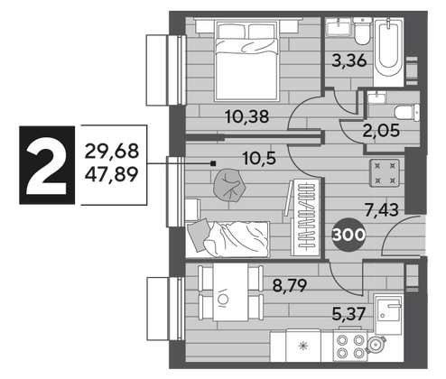 Продажа 2-комнатной квартиры 47,9 м², 6/15 этаж
