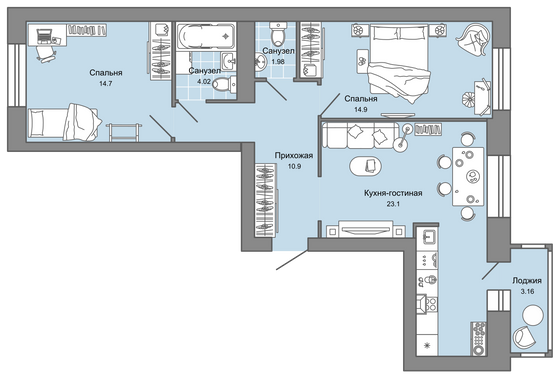 71 м², 2-комн. квартира, 8/9 этаж