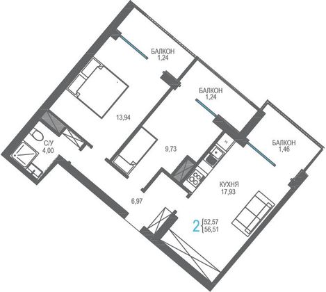 Продажа 2-комнатной квартиры 56,5 м², 10/16 этаж