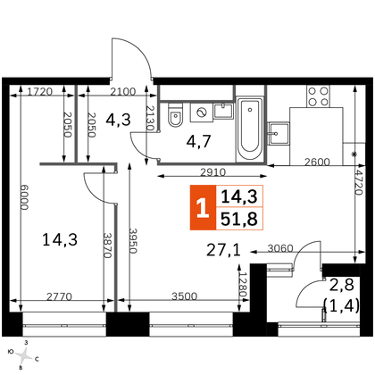 51,8 м², 2-комн. квартира, 2/31 этаж