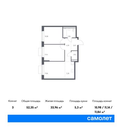 52,3 м², 2-комн. квартира, 2/17 этаж