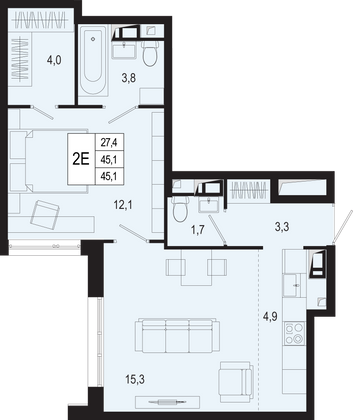 45,1 м², 2-комн. квартира, 2/8 этаж