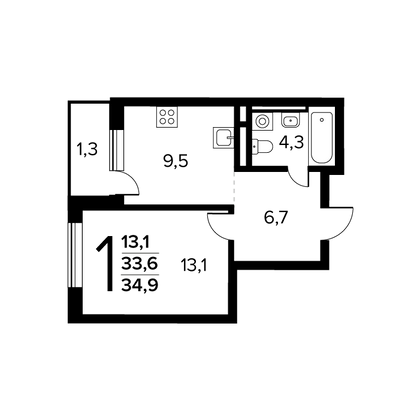 34,9 м², 1-комн. квартира, 9/14 этаж