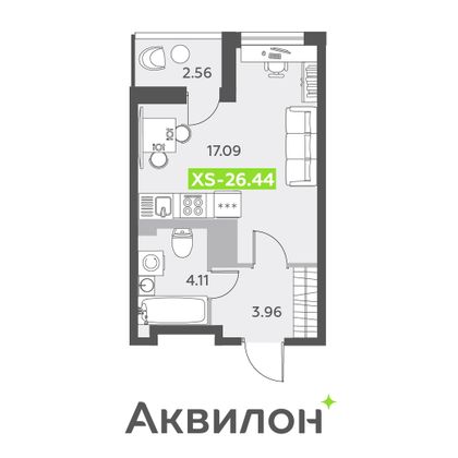 26,4 м², студия, 9/13 этаж