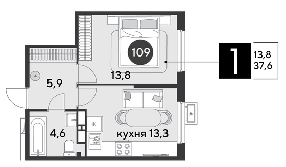 Продажа 1-комнатной квартиры 37,6 м², 12/18 этаж