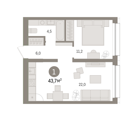 43,7 м², 1-комн. квартира, 2/8 этаж