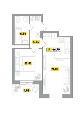 Продажа 2-комнатной квартиры 46,8 м², 6 этаж