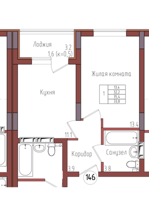 33,8 м², 1-комн. квартира, 1/9 этаж