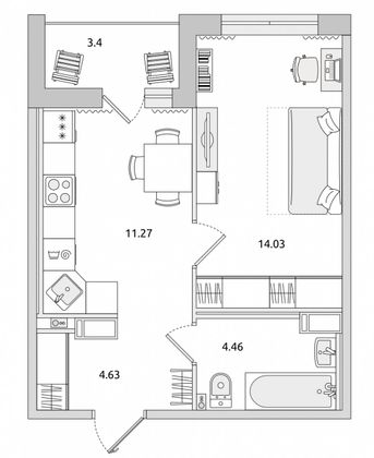 Продажа 1-комнатной квартиры 34,4 м², 12/14 этаж