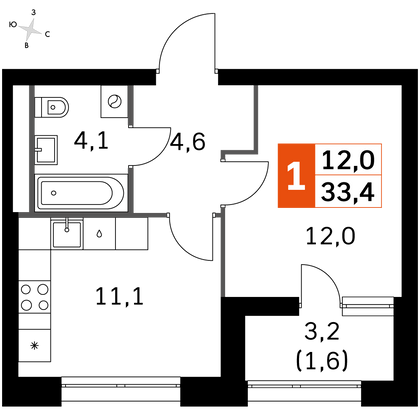 33,5 м², 1-комн. квартира, 43/44 этаж