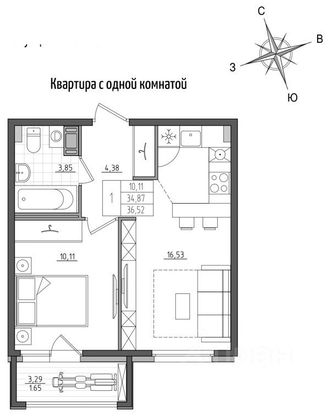 Продажа 1-комнатной квартиры 36,5 м², 10/10 этаж