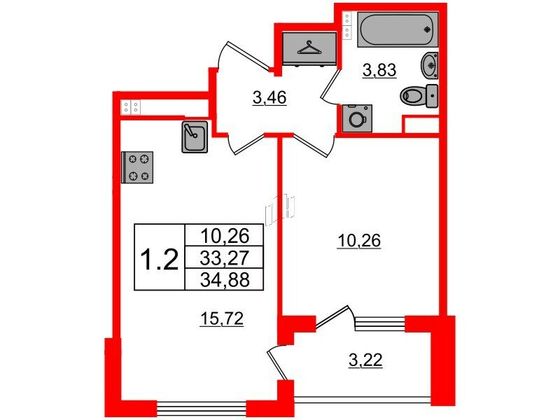 Продажа 1-комнатной квартиры 33,3 м², 3/4 этаж