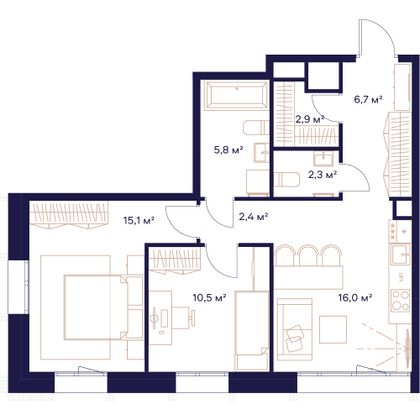 61,8 м², 2-комн. квартира, 3/23 этаж