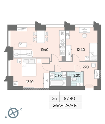 Продажа 2-комнатной квартиры 57,8 м², 9/58 этаж