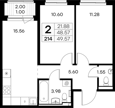 49,6 м², 2-комн. квартира, 7/9 этаж