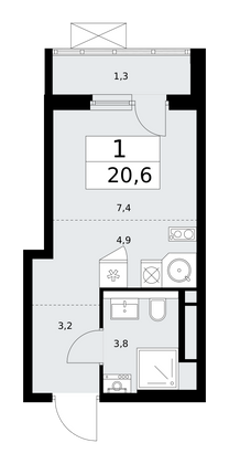 20,6 м², 1-комн. квартира, 7/16 этаж