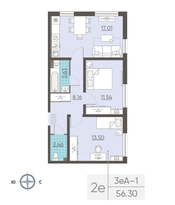 Продажа 2-комнатной квартиры 56,3 м², 2/25 этаж