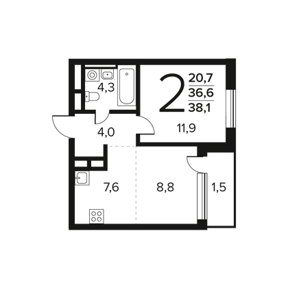 Продажа 2-комнатной квартиры 38,1 м², 9/11 этаж