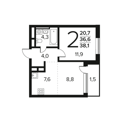 38,1 м², 2-комн. квартира, 9/11 этаж