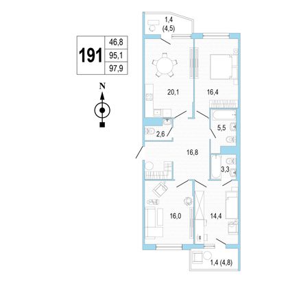 Продажа 3-комнатной квартиры 97,9 м², 5/8 этаж