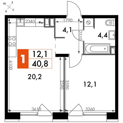 40,8 м², 1-комн. квартира, 2/10 этаж